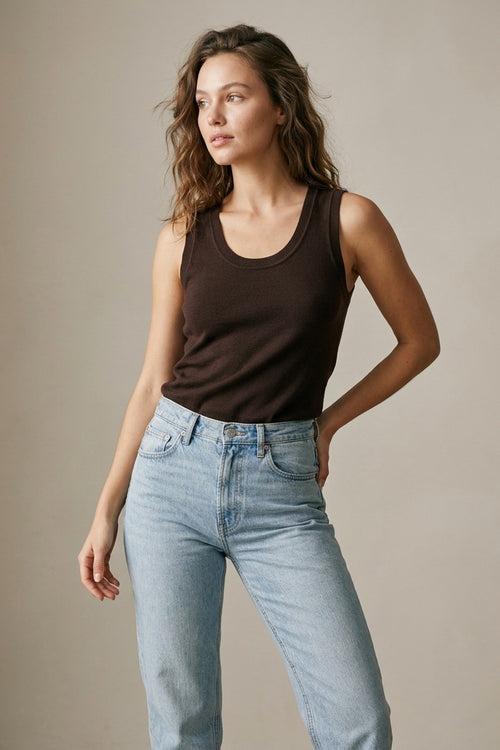 Brown Ribbed Knit Tank Top for Layering