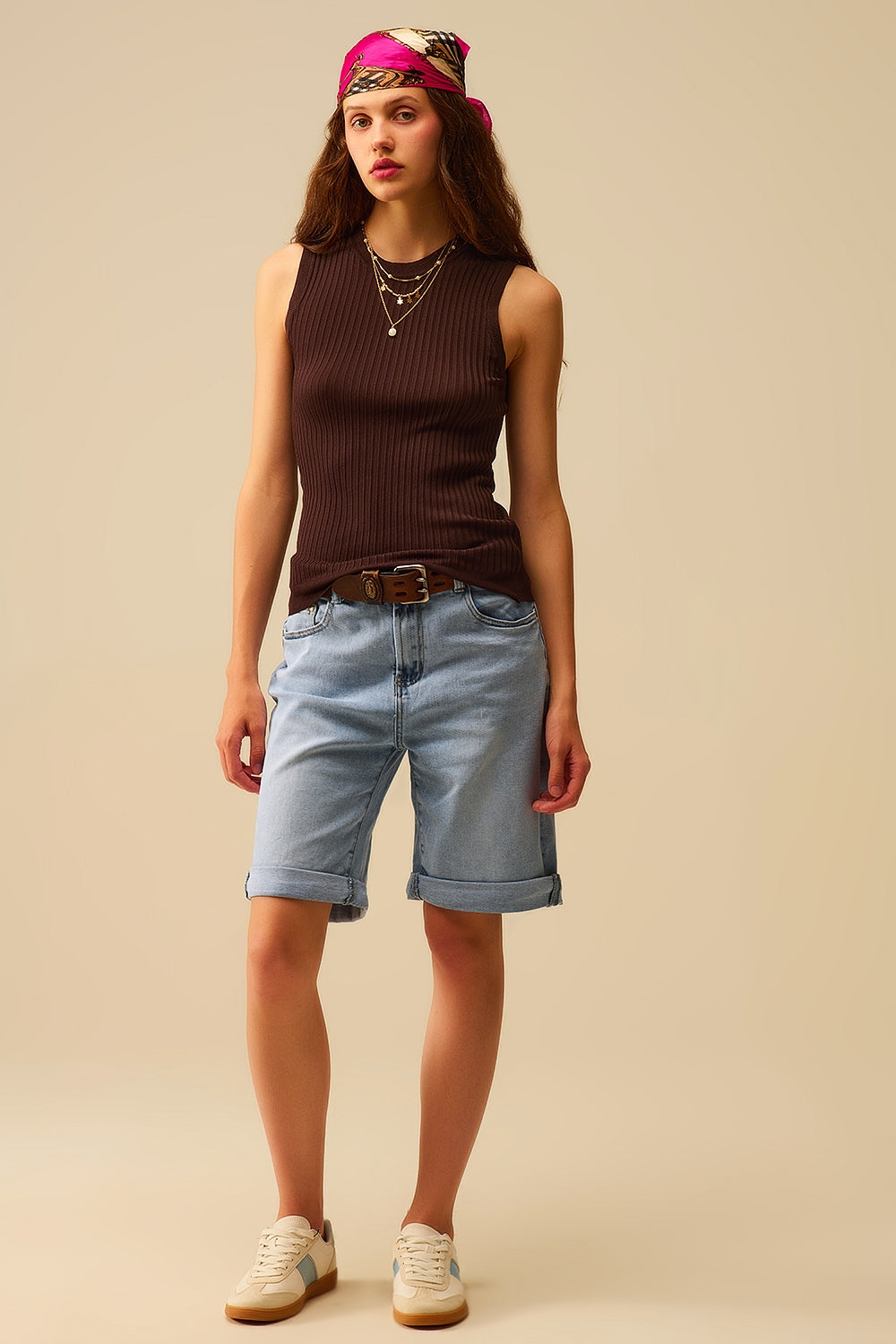 Brown Ribbed Sleeves Knit Top