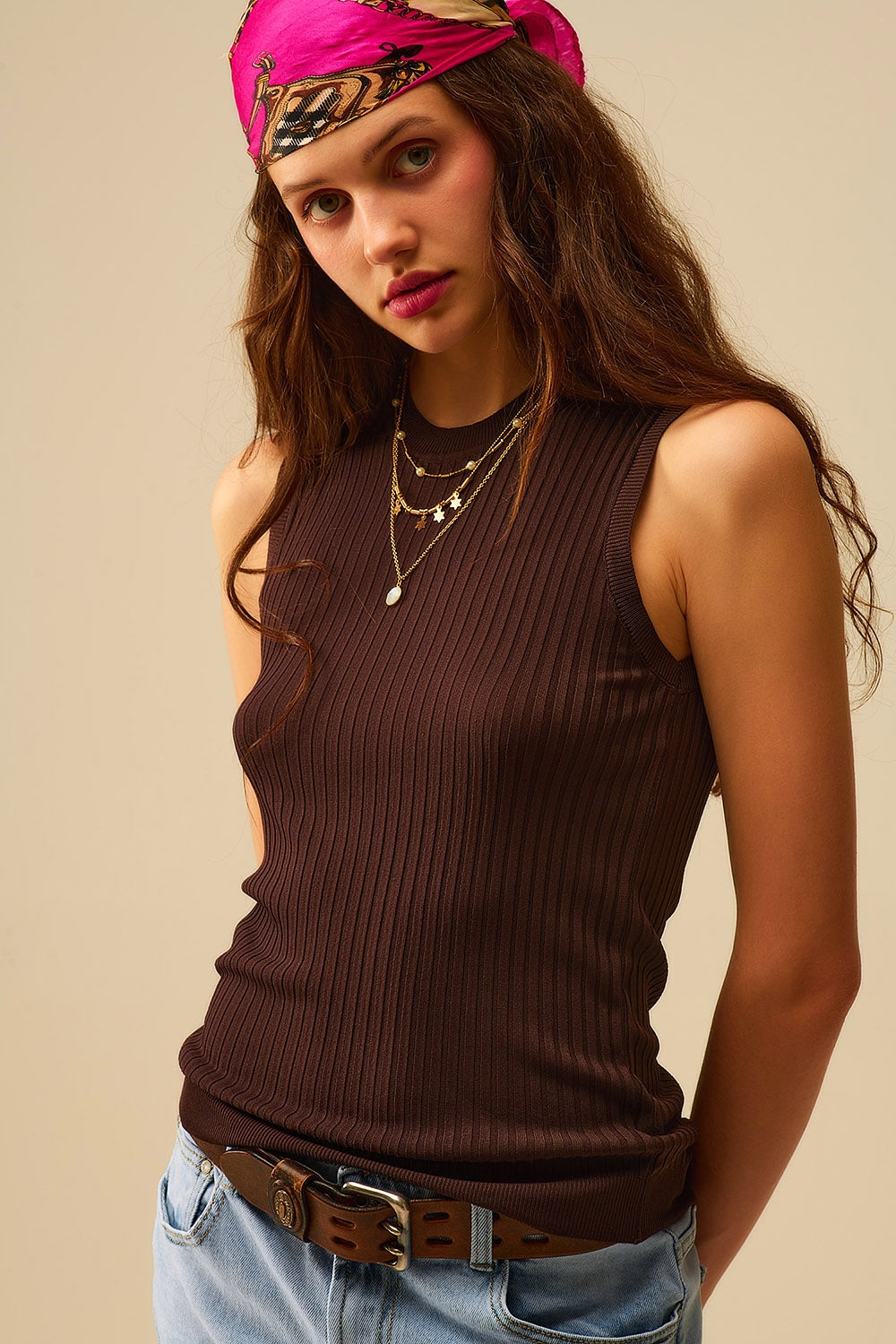 Brown Ribbed Sleeves Knit Top