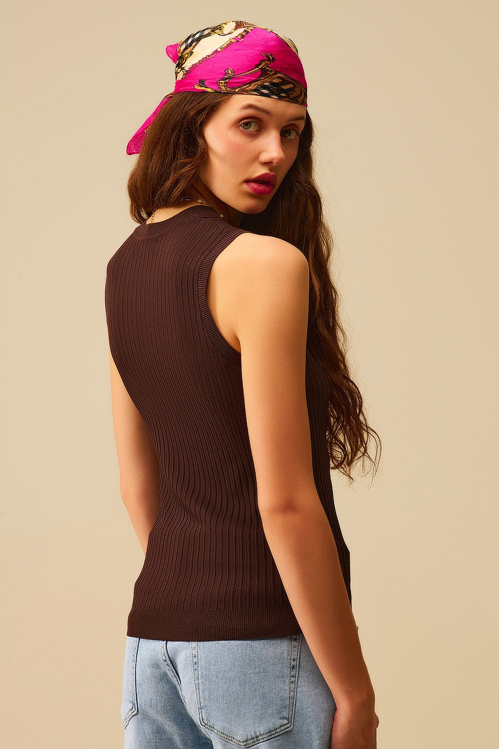 Brown Ribbed Sleeves Knit Top
