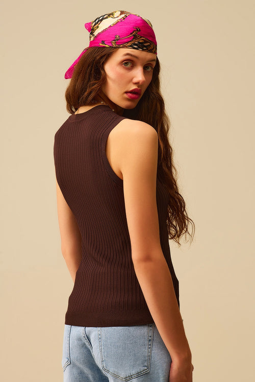 Brown Ribbed Sleeves Knit Top