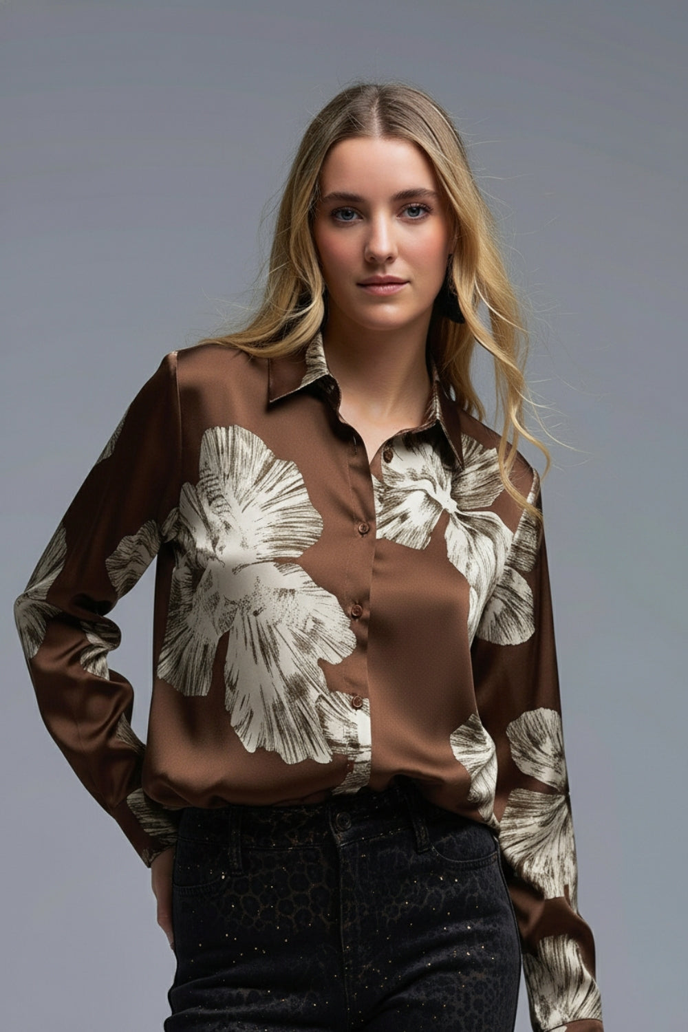 Q2 Brown Floral Button-Up Blouse in Satin fabric