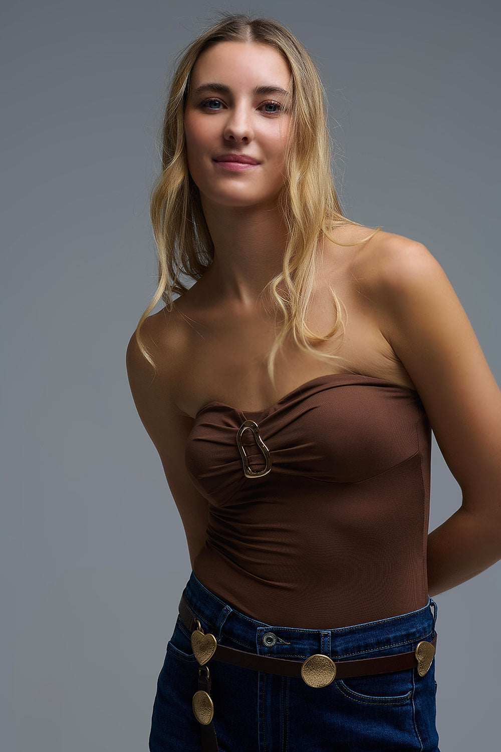 Brown Strapless Bodysuit with Gold metal Detail