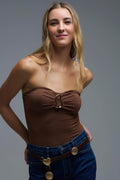 Q2 Brown Strapless Bodysuit with Gold metal Detail