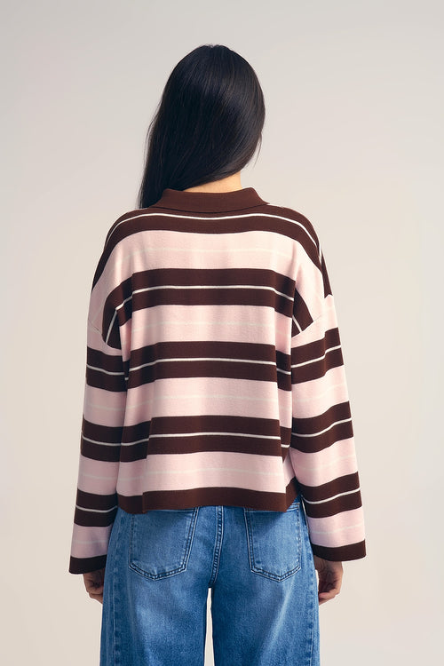 brown Striped Knit Polo Sweater with Buttoned Collar