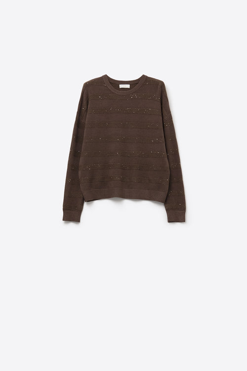 Q2 Brown Striped Knit Sweater with Sequin Detail