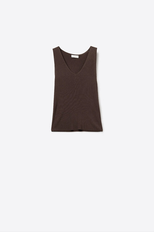 Q2 Brown V-Neck Ribbed Knit Tank Top