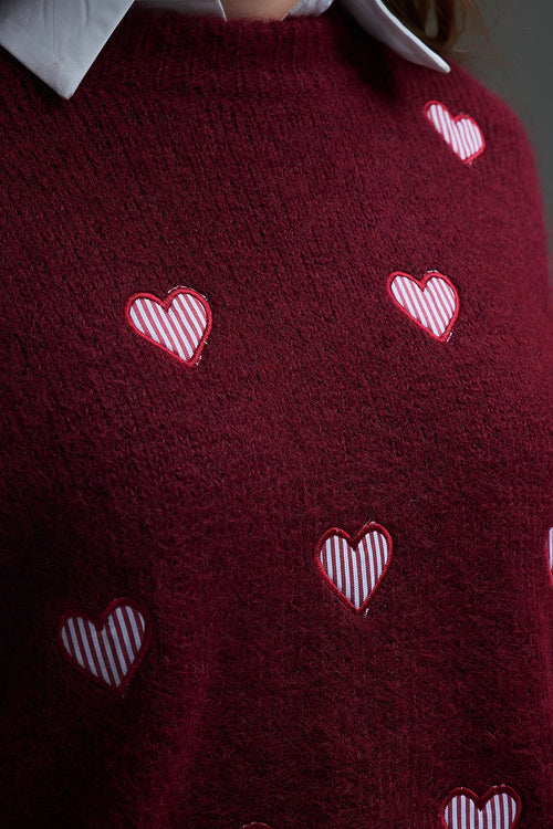Burgundy Crew Neck Sweater With Striped Hearts