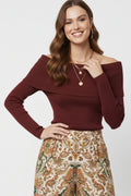 burgundy fine ribbed knit sweater with wide boat neck