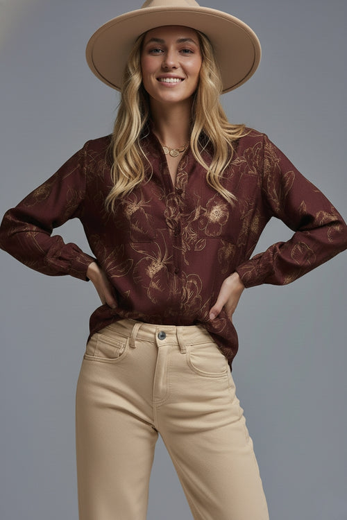 Burgundy Light-weight Flowy shirt in Autumnal Floral Print
