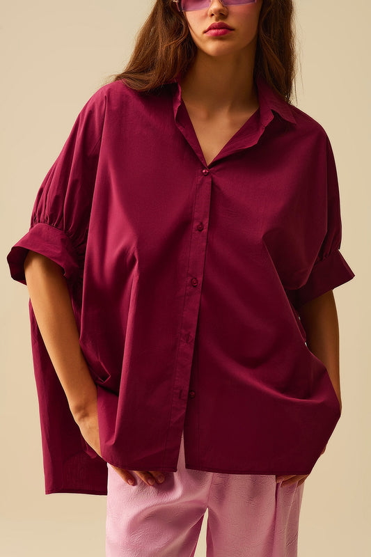Q2 Burgundy Oversized Blouse with Short Sleeve