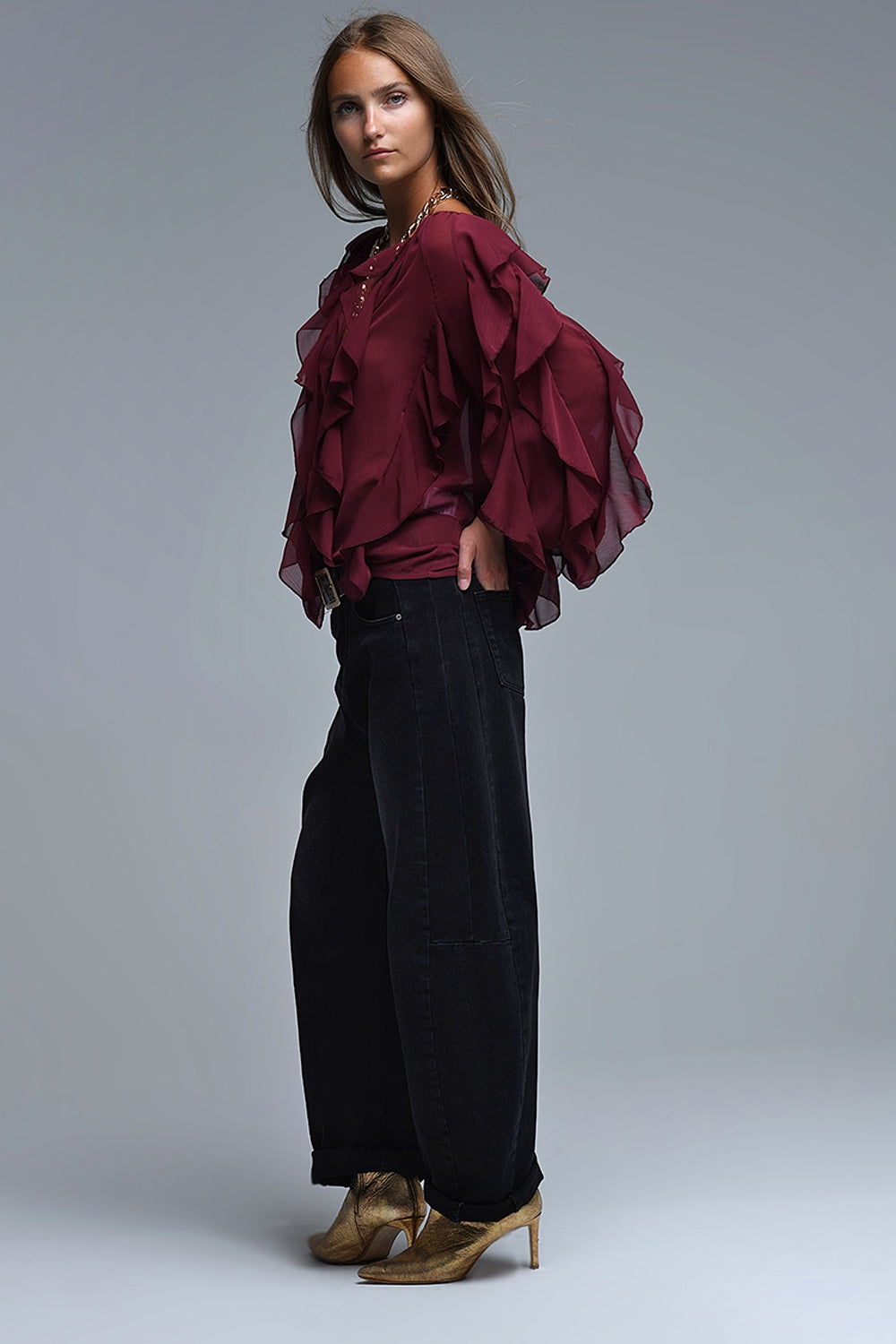 Burgundy V-Neck All Over Ruffle Blouse