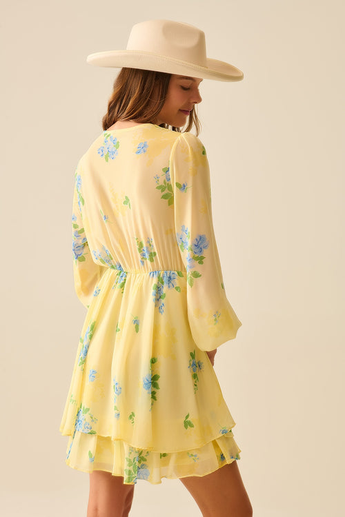 Butter yellow spring  mini dress with ruched design