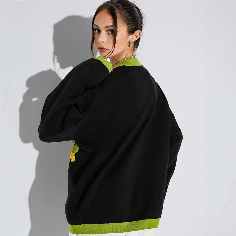 UNIKCOSA UrbanSoul Cartoon Jacquard Street Sweater Green 💫