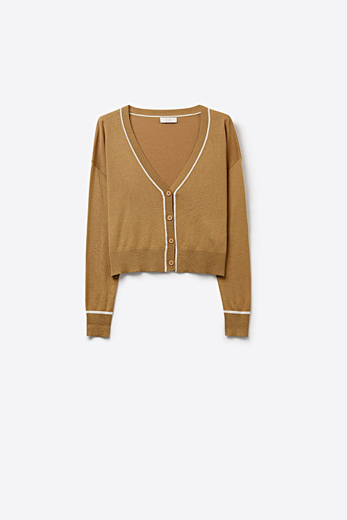 Q2 Camel Fine Knit Cardigan with Contrast Trim in white