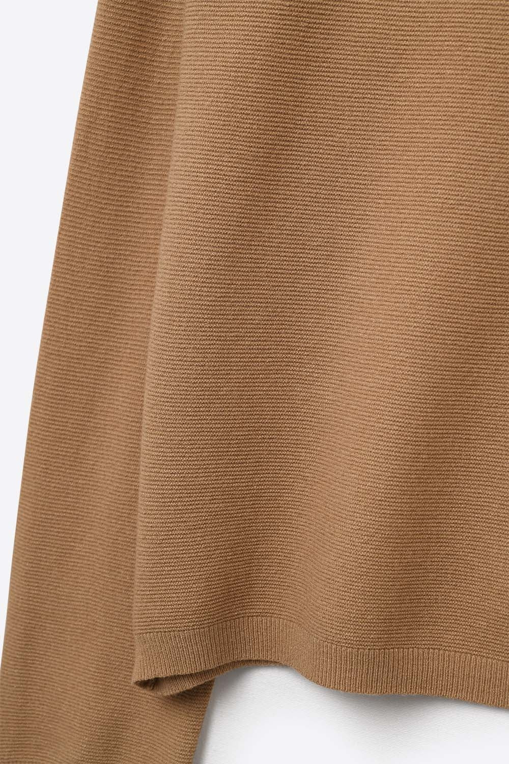 Camel Fine Knit V-Neck Sweater with Subtle Linear Texture