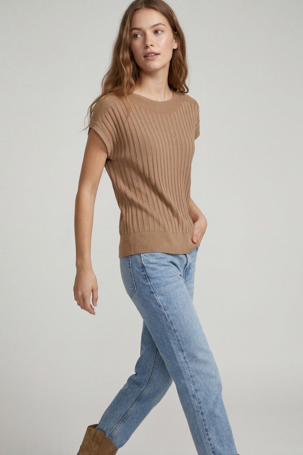 Camel fine Rib knitted Sweater with boat neck