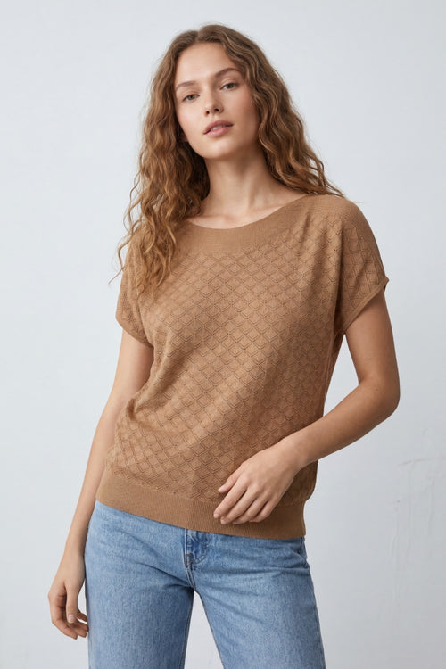 Camel Knit Short Sleeve Sweater with Textured Pattern