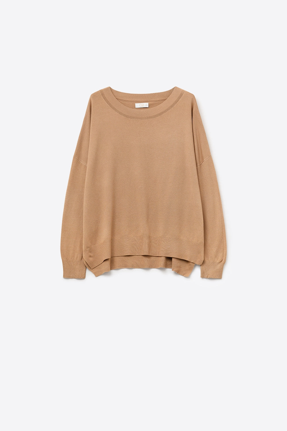 Q2 Camel knit sweater with mesh collar detail