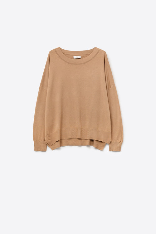 Q2 Camel knit sweater with mesh collar detail