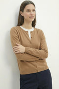 Camel Ribbed Knit Cardigan with Mother-of-Pearl Buttons