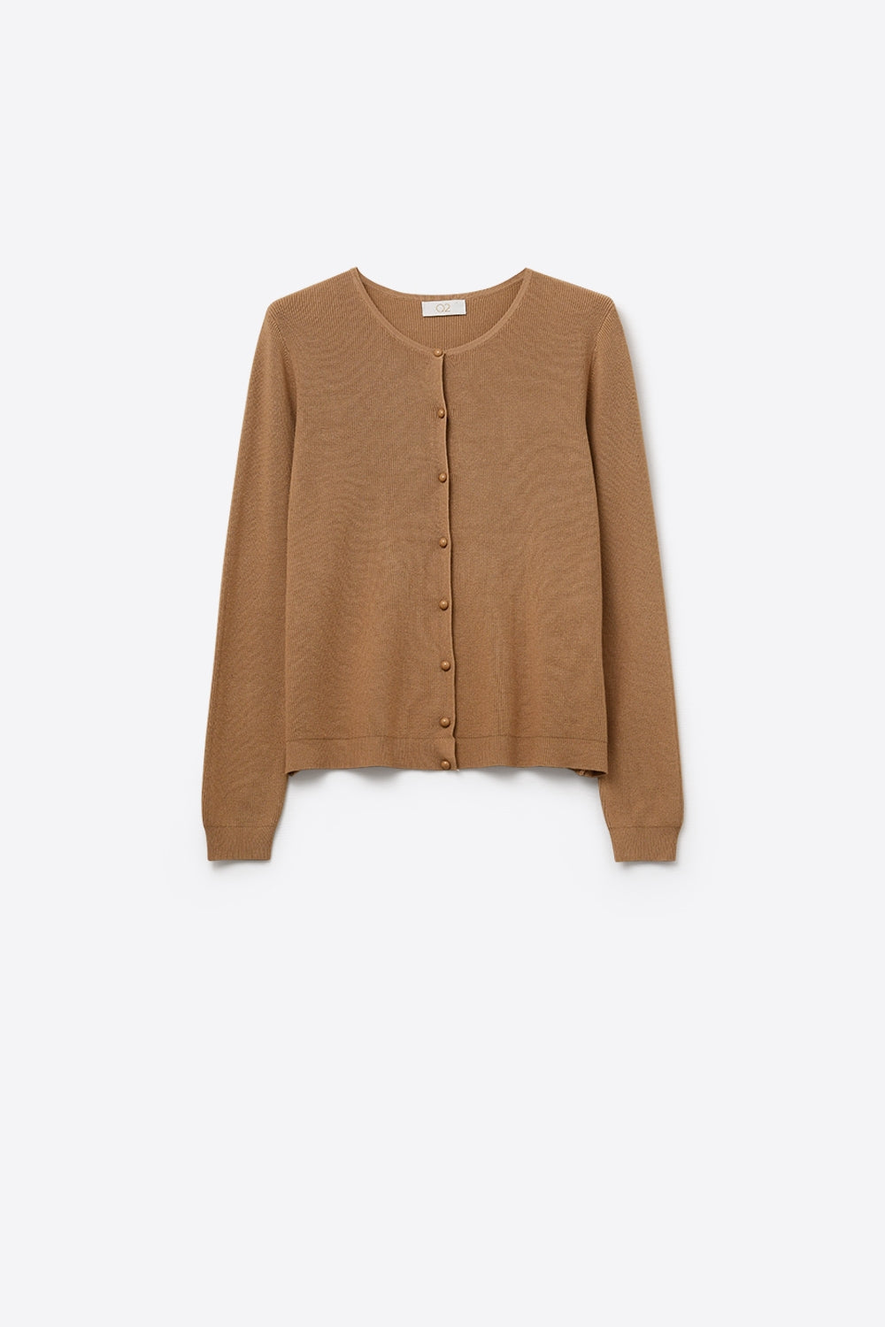 Q2 Camel Ribbed Knit Cardigan with Mother-of-Pearl Buttons
