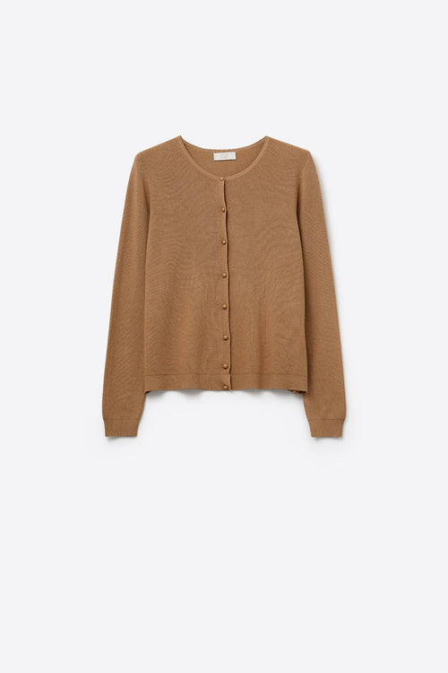 Q2 Camel Ribbed Knit Cardigan with Mother-of-Pearl Buttons