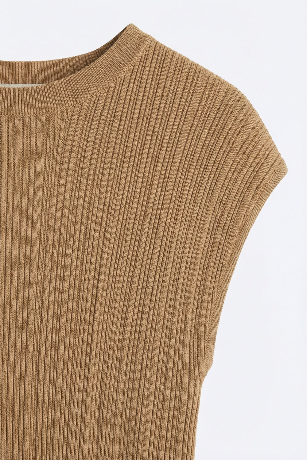 Camel Ribbed Knit Sleeveless Top with Crew Neck