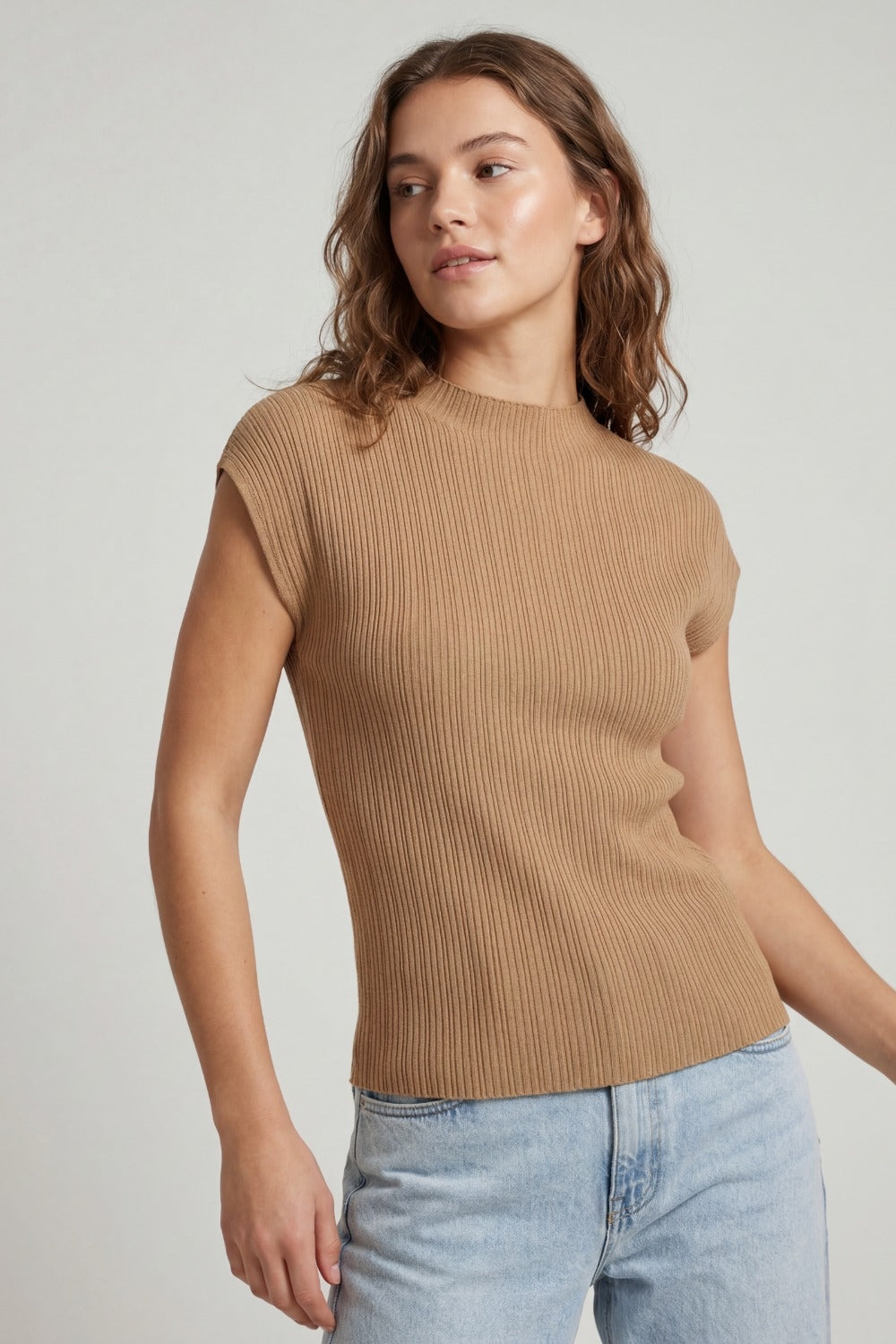 Camel Ribbed Knit Sleeveless Top with Crew Neck