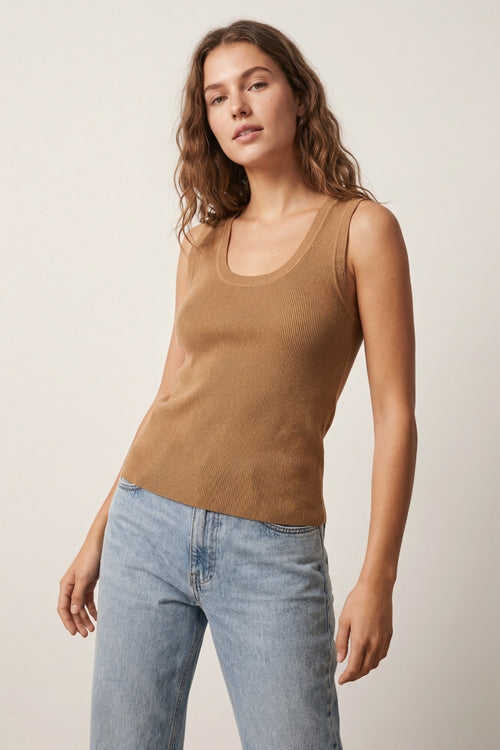 Camel Ribbed Knit Tank Top with Scoop Neck