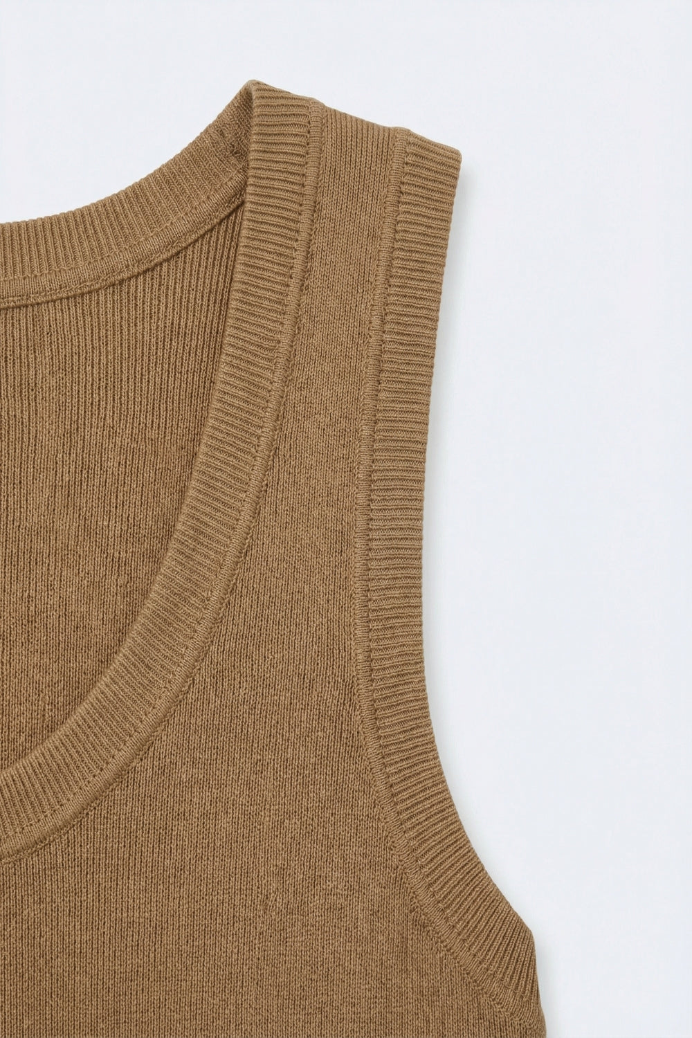 Camel Ribbed Knit Tank Top with Scoop Neck
