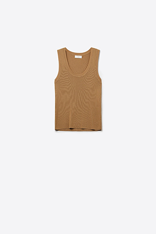 Q2 Camel Ribbed Knit Tank Top with Scoop Neck