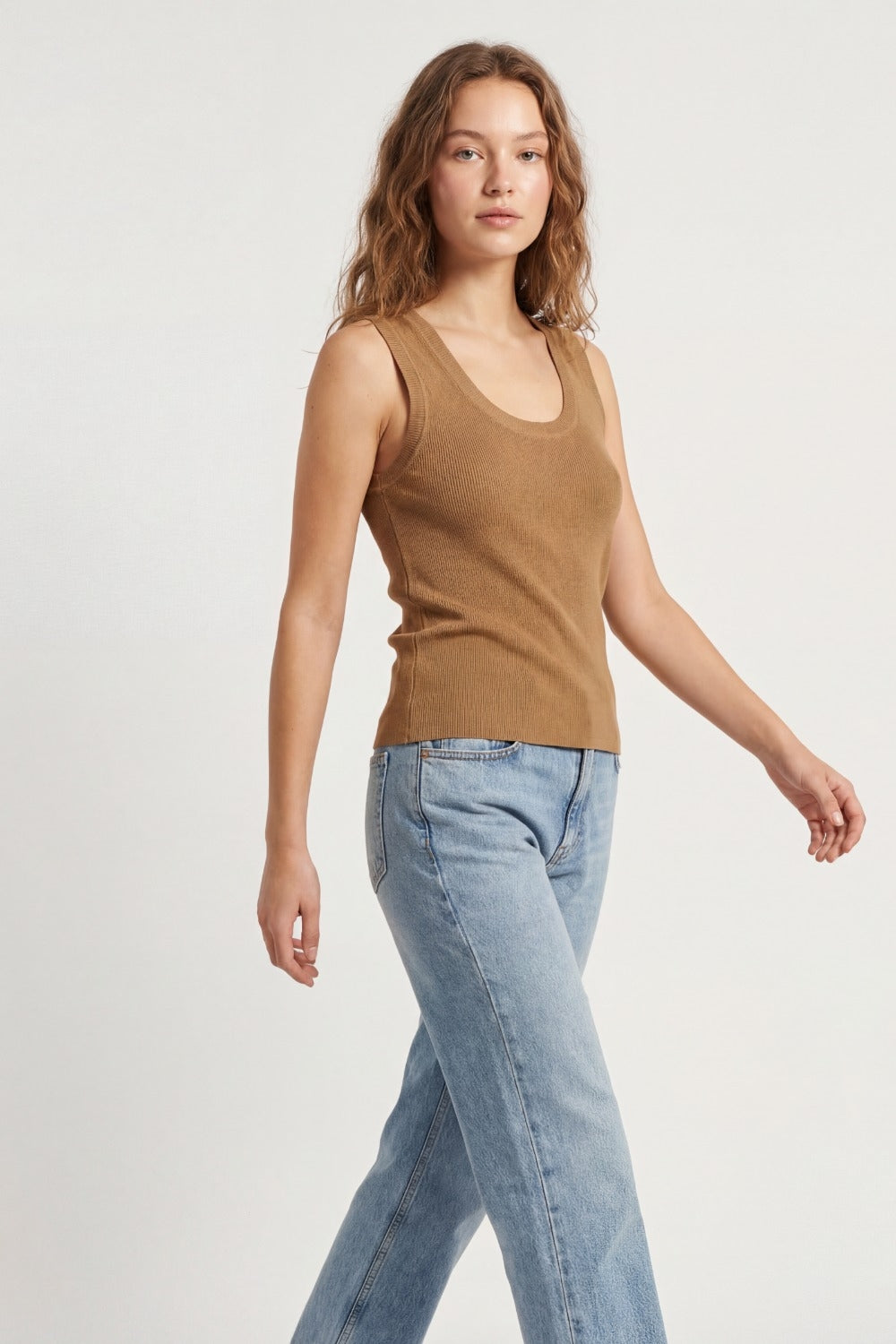 Camel Ribbed Knit Tank Top with Scoop Neck