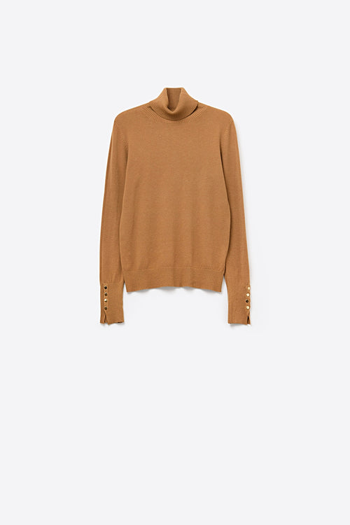 Q2 Camel turtleneck sweater with gold buttons on the cuff