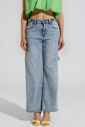 Q2 Cargo Style Bleached Jeans With Belt Like Strap Details At The Waist