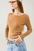 Q2 Casual camel Rib Swearer With white Trim detail