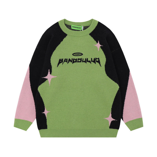 UNIKCOSA Contrast Jacquard Knit Sweater – Blue & Green Street Style Winter Essential