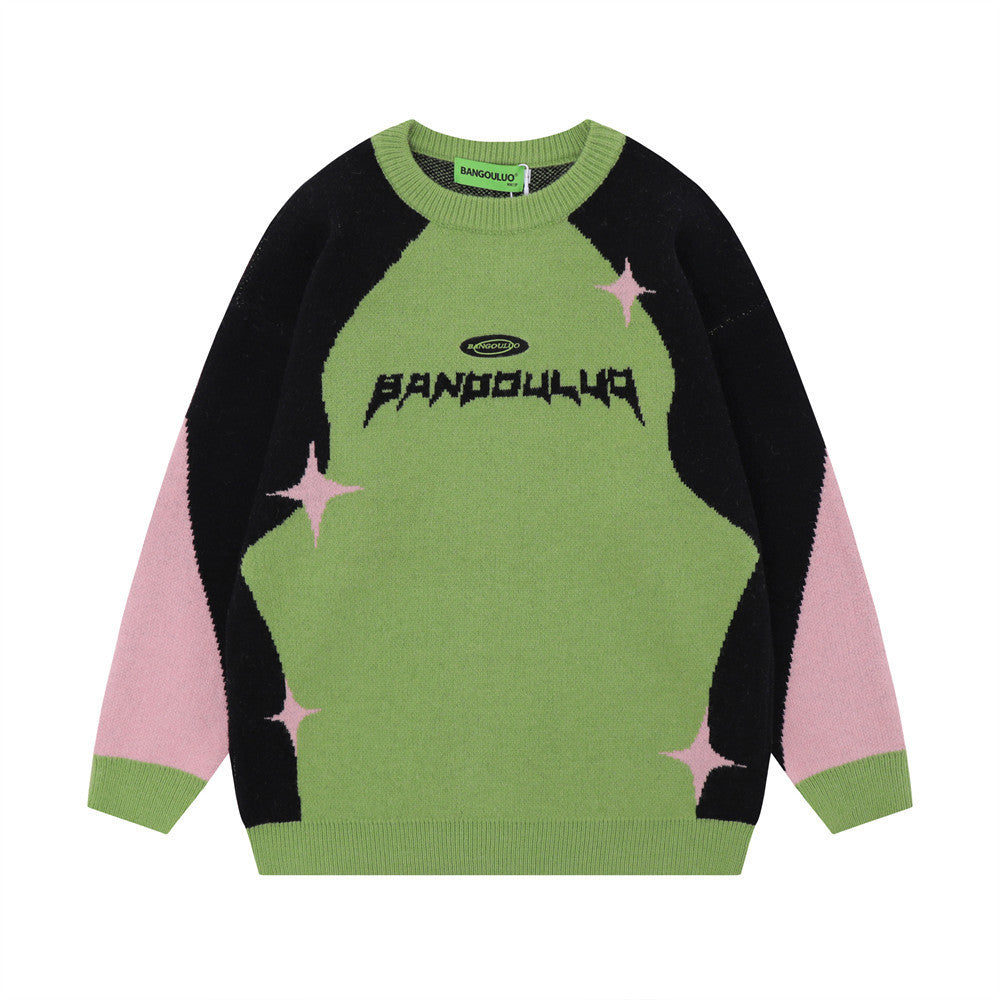 UNIKCOSA Contrast Jacquard Knit Sweater – Blue & Green Street Style Winter Essential