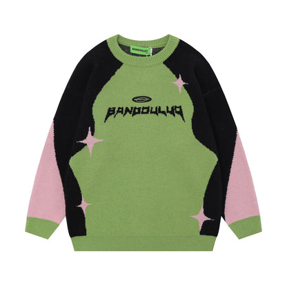 UNIKCOSA Contrast Jacquard Knit Sweater – Blue & Green Street Style Winter Essential