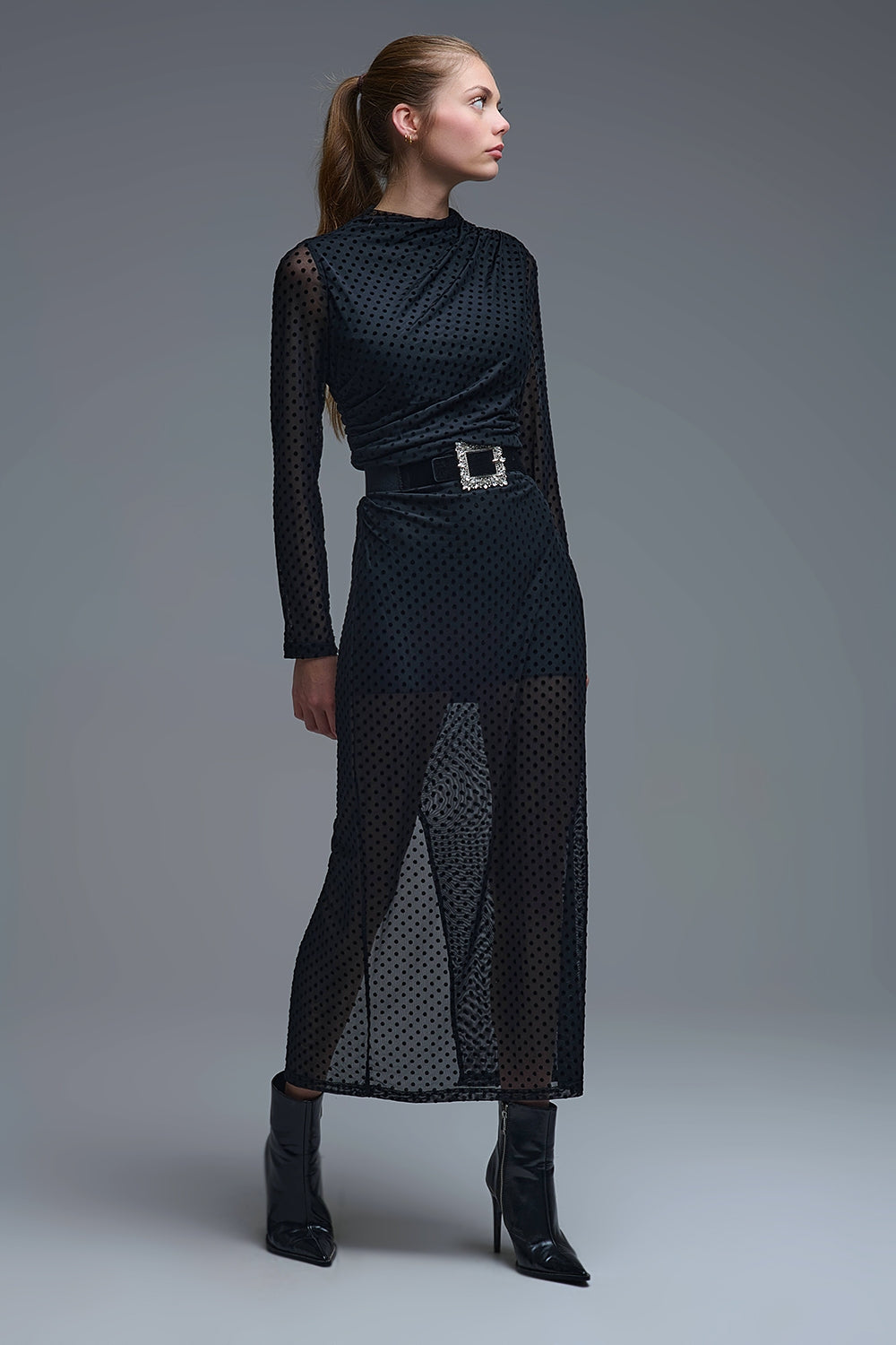 Chic Black Sheer Polka Dot Midi Dress