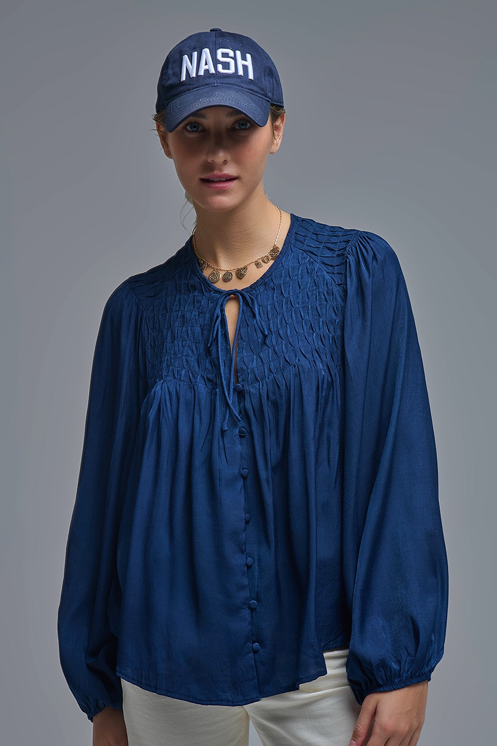 Chic Blue Satin Shirt with Lace