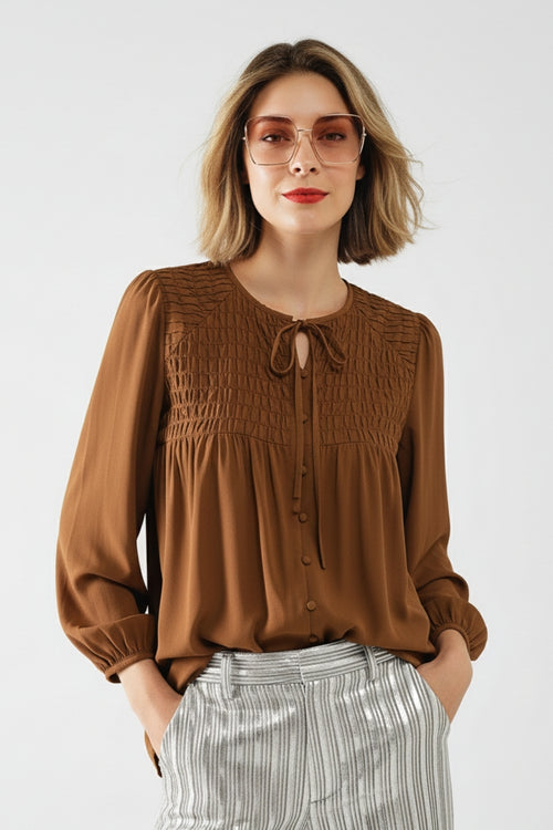 Chic Brown Satin Shirt with Lace