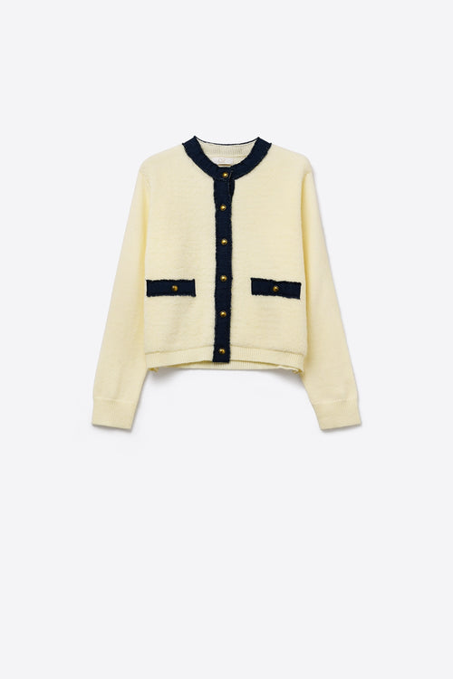 Q2 Chic Cream Cardigan with Navy denim Detailing
