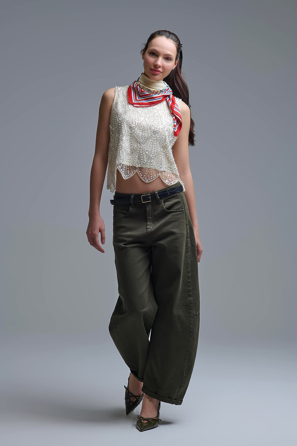 Chic Cream Sequin Cropped Top