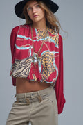 Q2 Chic Red Cropped Blouse with Abstract Print