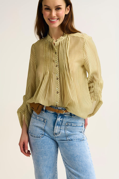 Q2 Chiffon Striped Button-Front Blouse with Relaxed Fit and Soft Texture