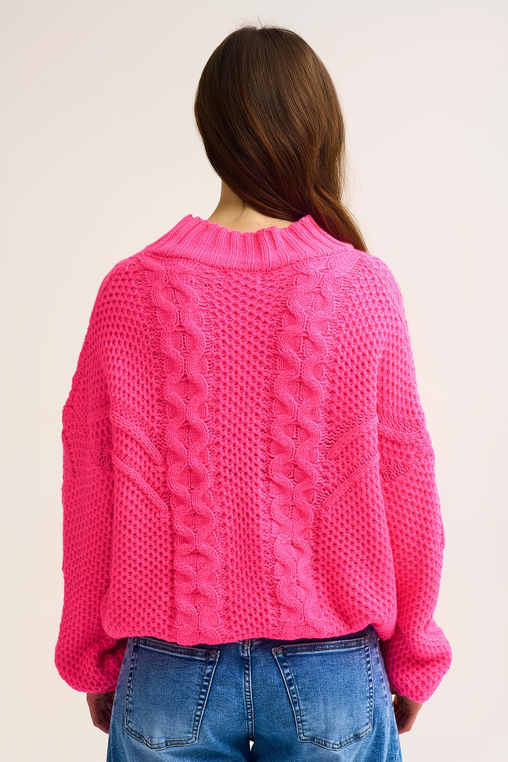 Chunky Cable Knit fucshia Pullover with Dropped Shoulder