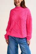 Q2 Chunky Cable Knit fucshia Pullover with Dropped Shoulder