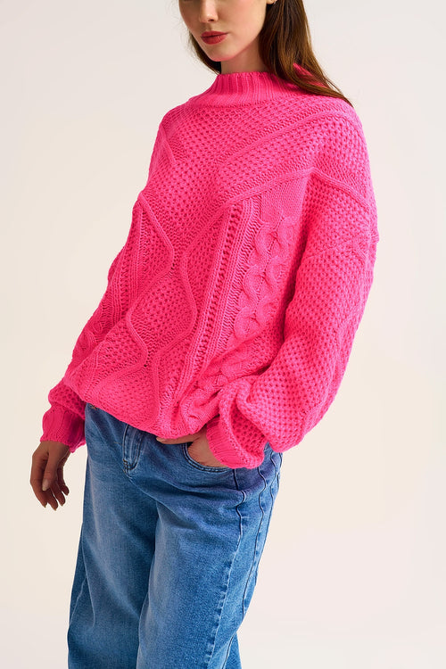 Chunky Cable Knit fucshia Pullover with Dropped Shoulder