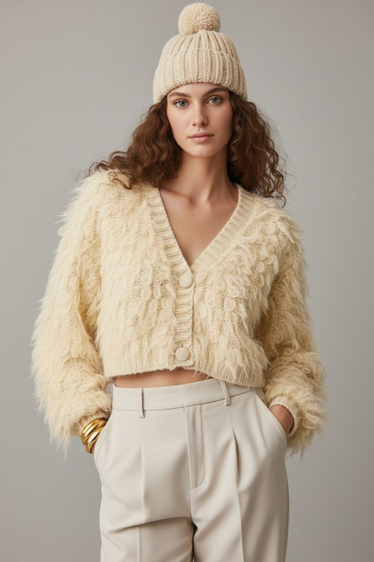 Q2 Chunky Shag Style Fluffy Knitted Cardigan in cream